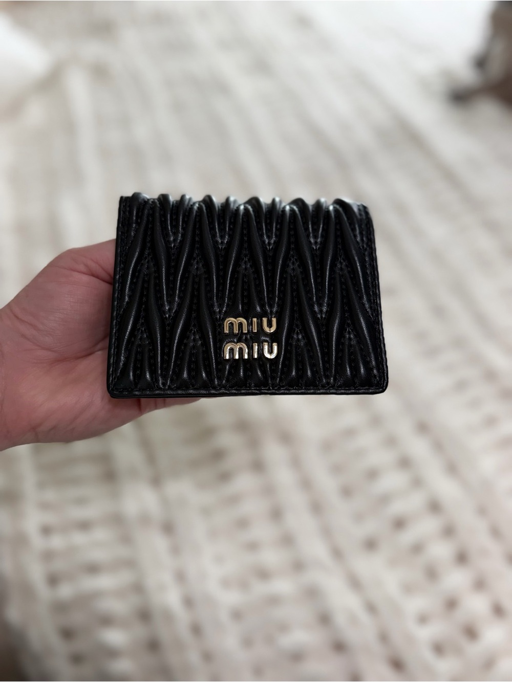 Miu Black Matelassé Leather Card & Key Holder with Gold Logo